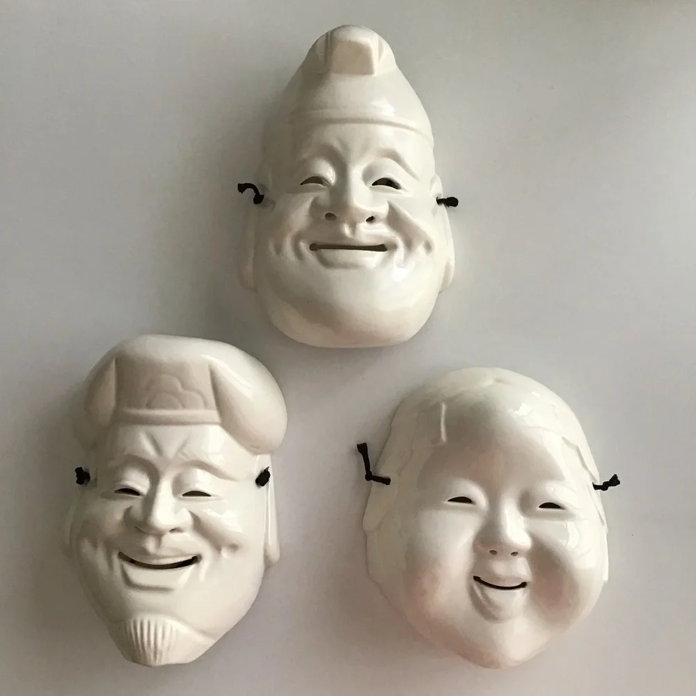 Pier One SET OF 3 White Ceramic Wall Art Masks Japanese Daikoku & Enosis Vintage